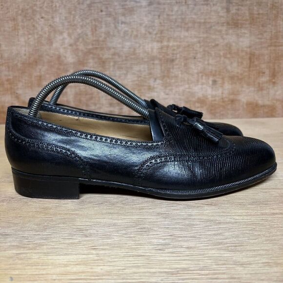 A. Testoni Bologna-Italia Men Size 9.5 Shoes Black Leather Tassel Loafers